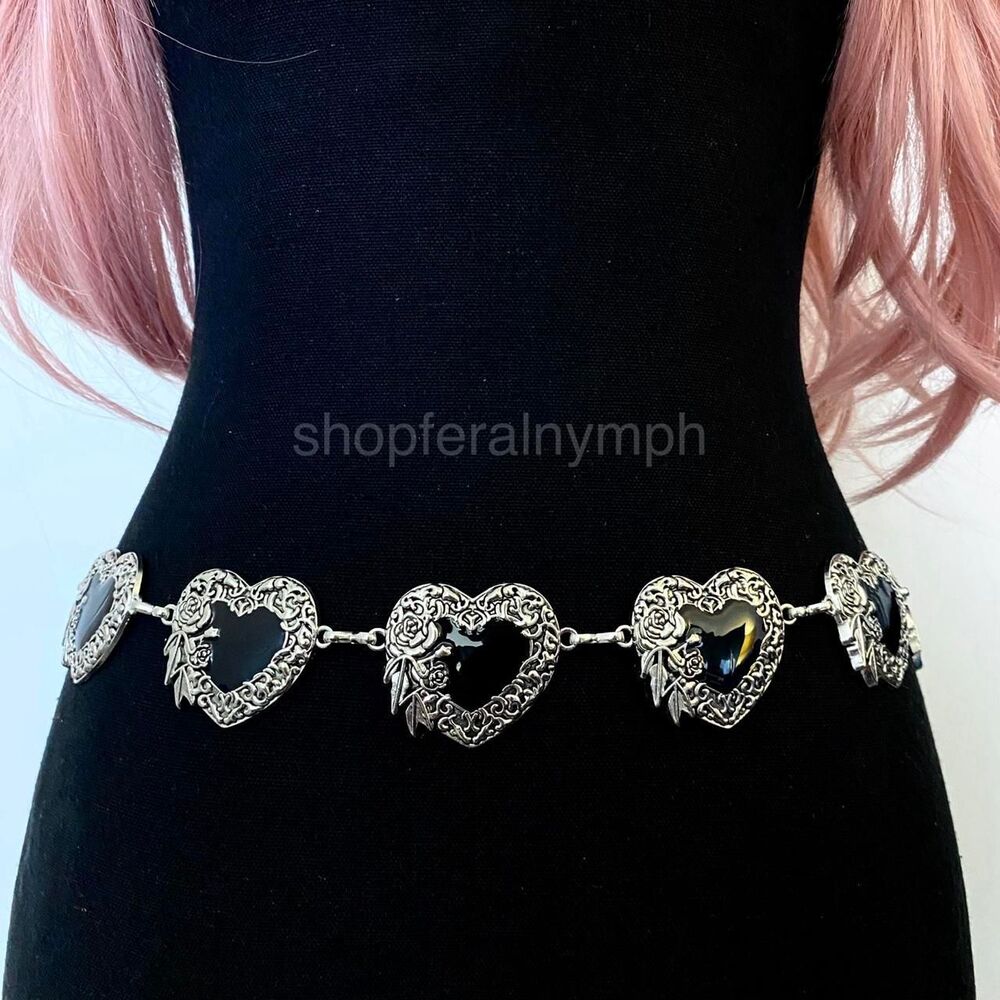 Silver Y2K Dark Romance Black Heart Rose Chain Belt, Fits 21-39 Inches, X7GA1421